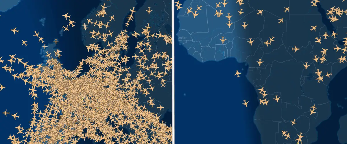 Ein Vergleich des Flugverkehrs mit dem Flug-Tracker: In Europa ist der Flugverkehr deutlich stärker als in Afrika.