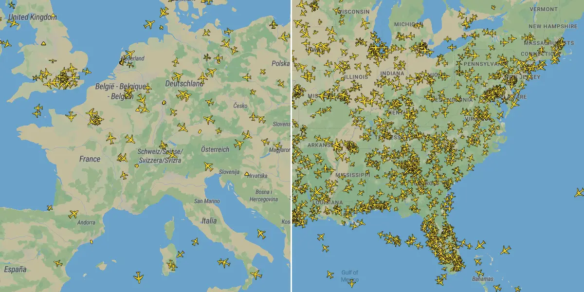 Große Unterschiede im Flugverkehr werden über Plane Finder sichtbar: Der Flugradar zeigt zahlreiche Flüge über Deutschland an, nur wenige jedoch über der Mongolei.