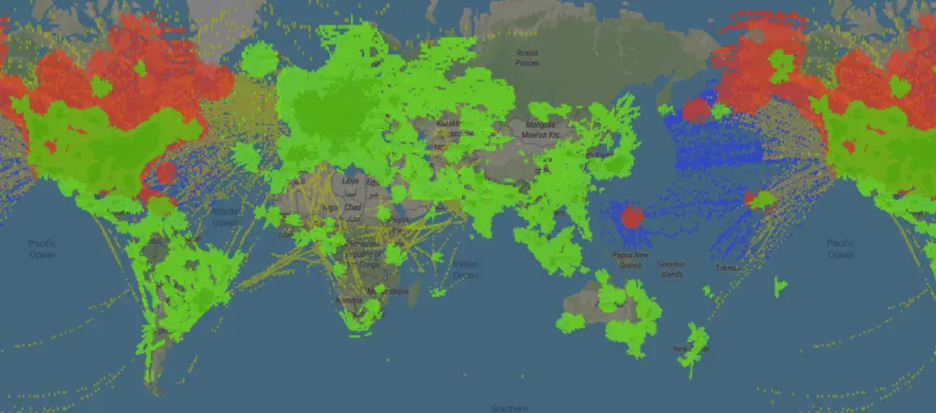 El mapa de cobertura del radar de vuelo de Radarbox en todo el mundo. 