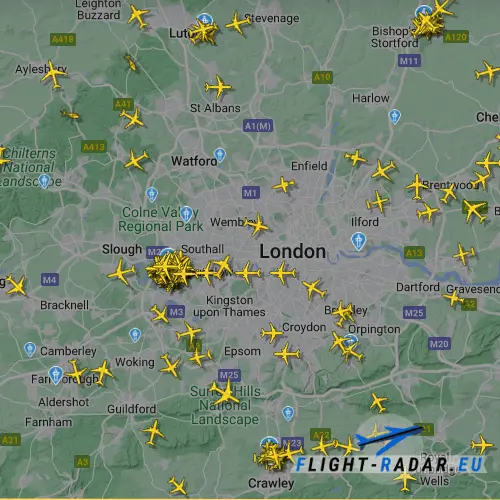 Flight Radar above London including Heathrow Airport